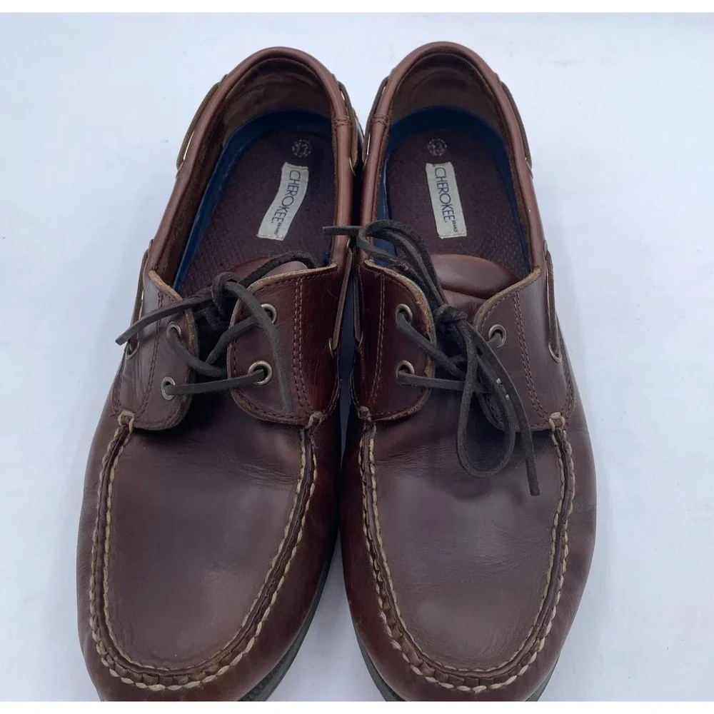Cherokee Shoes Mens 13 Two Eye Moc Toe Boat‎ Brown Leather Lace Up Flats Casual